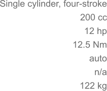 Single cylinder, four-stroke 200 cc 12 hp 	12.5 Nm auto n/a 122 kg