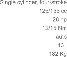 Single cylinder, four-stroke 125/155 cc 28 hp 	12/15 Nm auto 13 l 182 Kg